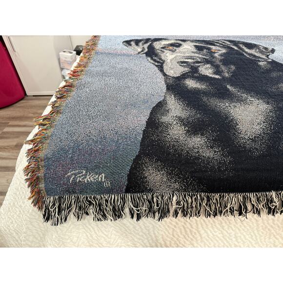 Black Lab Dog Woven Tapestry Throw Blanket, 48x55 (59” incl fringe), Signed - Picture 4 of 6